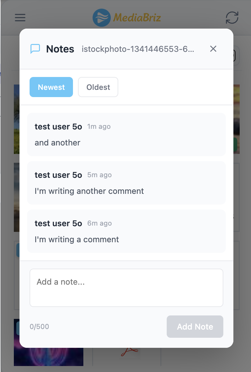 MediaBriz Notes interface showing conversation comments with newest and oldest filters, add note functionality, and user timestamps