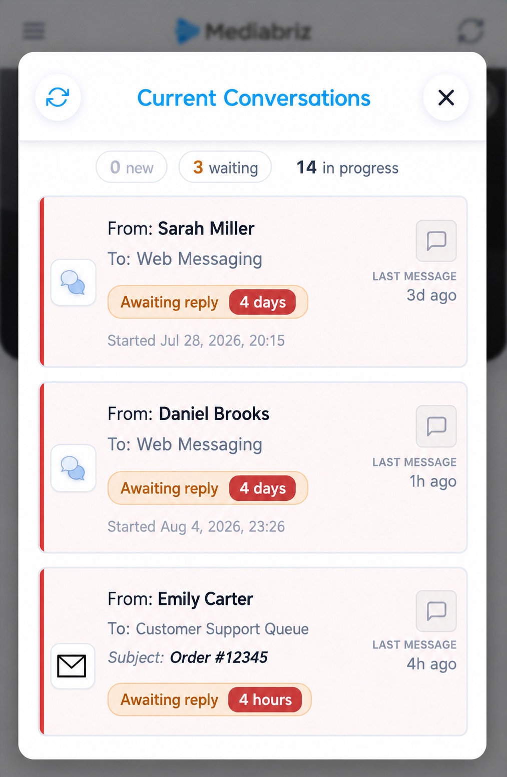 Mediabriz Current Conversations list showing conversations awaiting reply, with wait times and last-message times, filtered to 3 waiting.